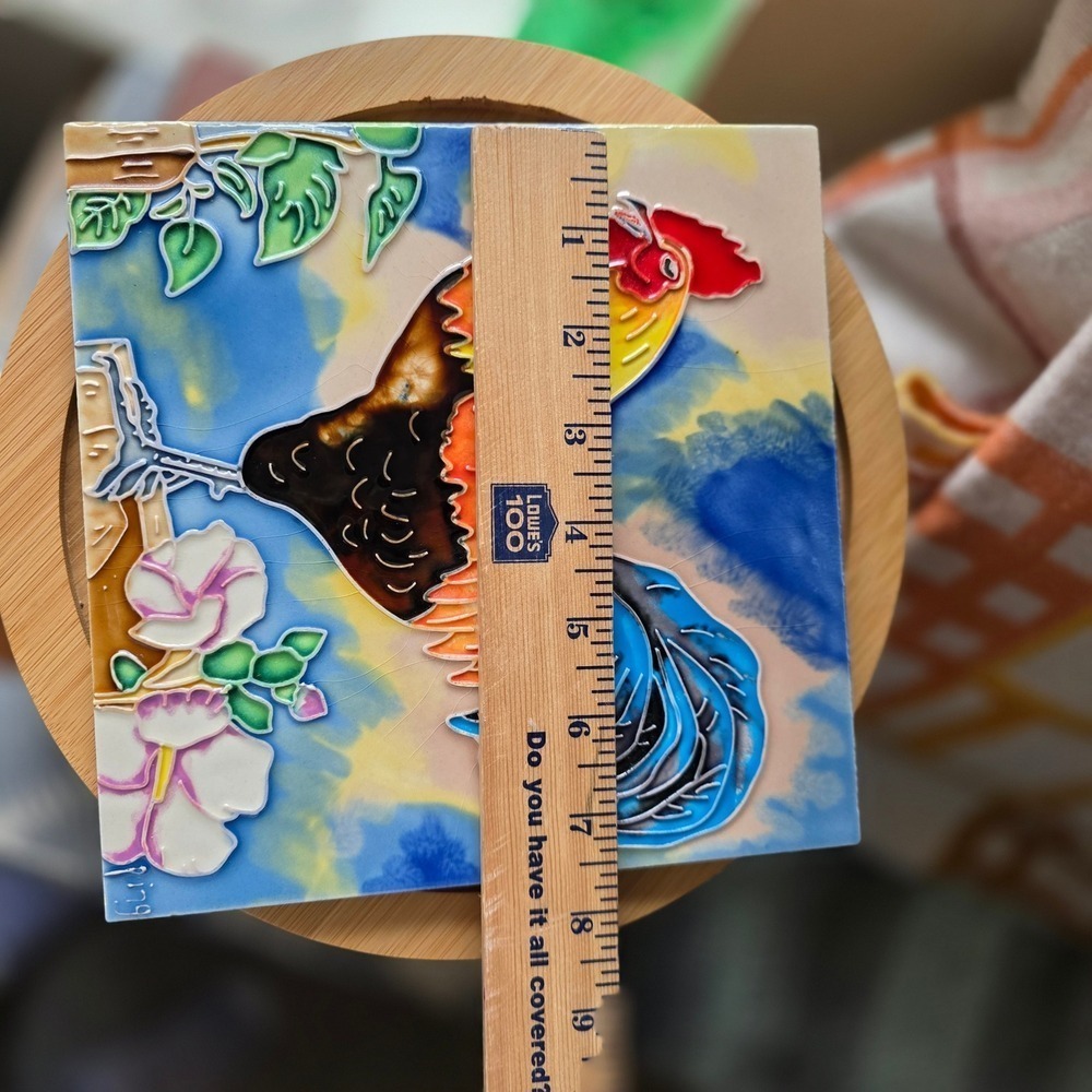 Benaya Art Decor Ping Signed Rooster Ceramic Art Tile 8x8 Raised Tube Lined - Picture 3 of 16